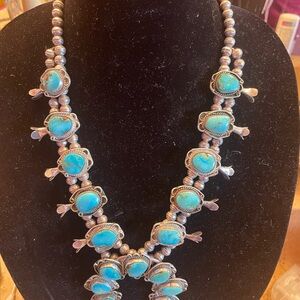 Rare Native American Style Sterling Silver Turquoise Squash Blossom Necklace